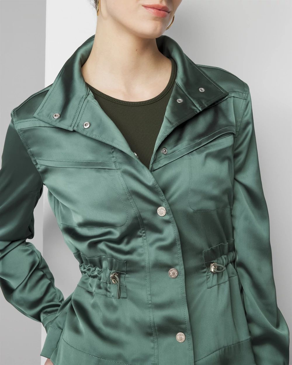 Women s Satin Utility Anorak Jacket in Green Size Medium White House Black Market